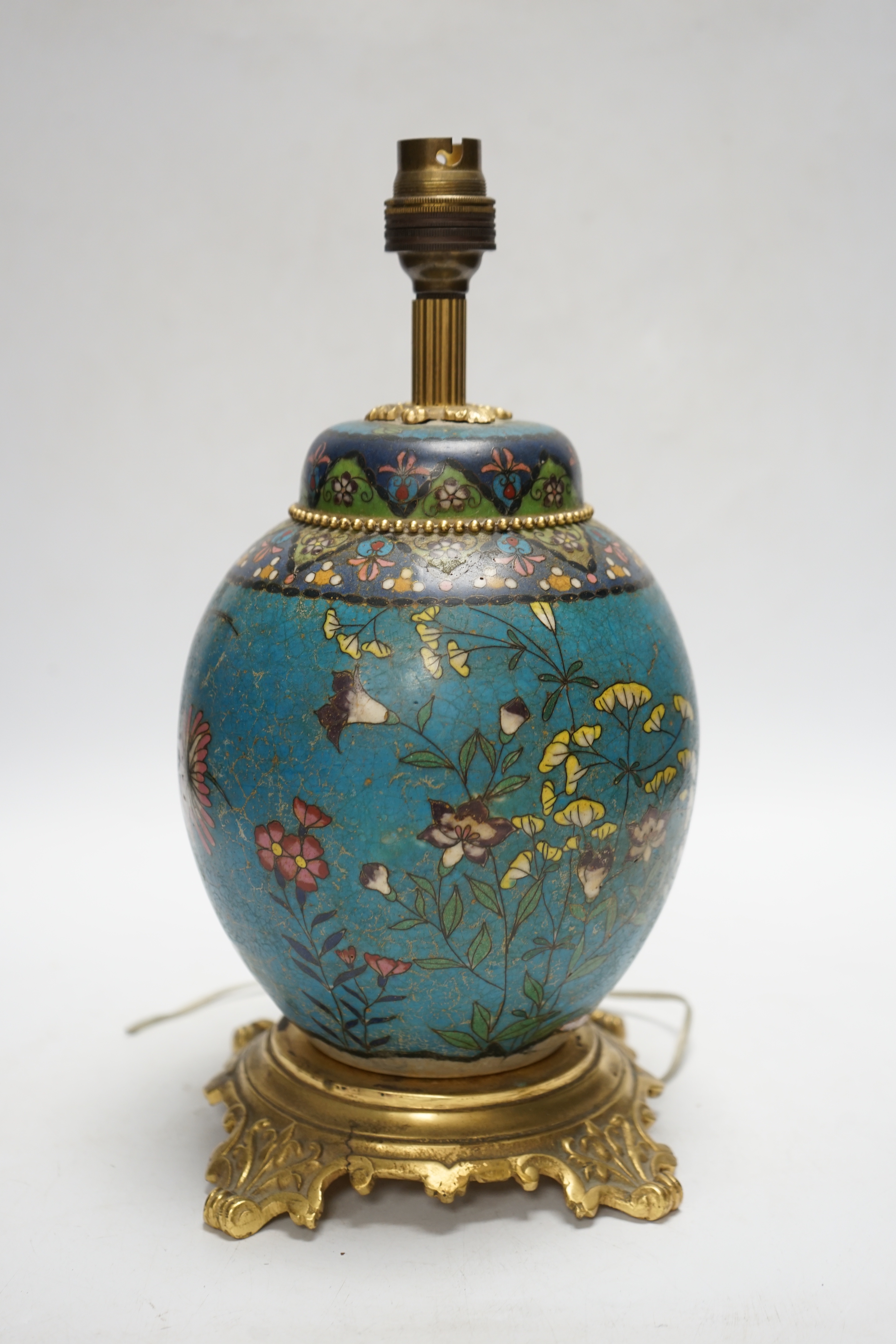 A Japanese ceramic cloisonné jar, mounted as a lamp, 30cm total